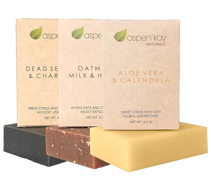 Soap Set - Made with Natural and Organic Ingredients. Gentle Soap. 1 Dead Sea Mud & Charcoal Soap - 1 Oatmeal Milk & Honey Soap - 1 Aloe Vera & Calendula Soap - 4.5oz Bar