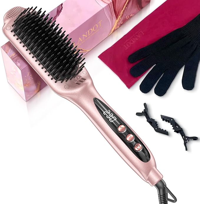 LANDOT Rose Gold Hair Straightener Brush - Elegant Gift for Women, Ionic Ceramic Straightening Brush for Smooth & Shiny Hair, Dual Voltage with 12 Adjustable Heat Settings 250°F-450°F
