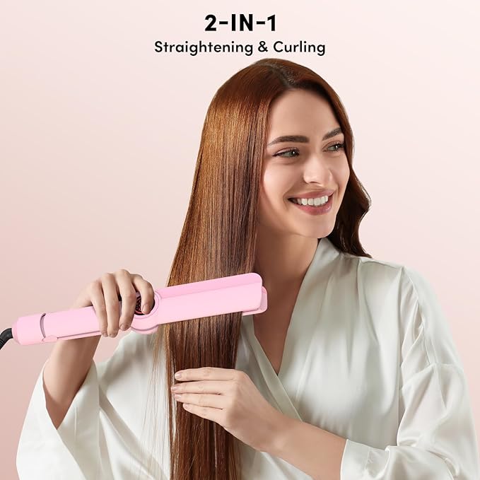 Hair Straightener, 1.5” Ceramic Wide Flat Iron with Infrared and Negative Ions, LCD Temp Control, Dual Voltage, Anti-Frizz Styling for All Hair Types, Pink