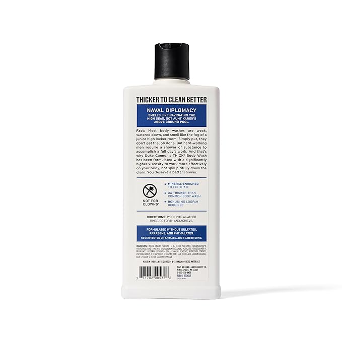 Duke Cannon Supply Co. Thick High Viscosity Body Wash - 3X Thicker, Cleansing Shower and Bath Gel, Mineral-Enriched Body Wash - Citrus Musk + Cedarwood - Mens Body Scrub - Naval Diplomacy (18 oz)