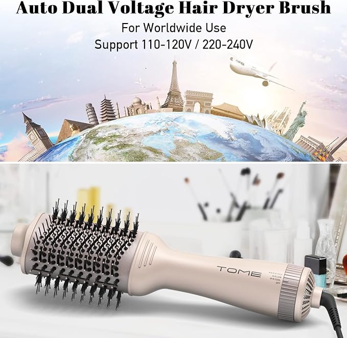 Tome Blow Dryer Brush, 3 Inch Dual Voltage Hair Dryer Brush in one, Hot Air Brush Faster Blowouts with Tons of Volume and Less Frizz