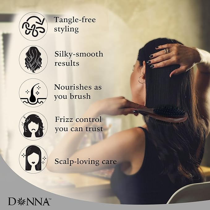 Donna Double Sided Styling Brush for Women - 100% Boar Bristles, Cushioned Wooden Detangling Brush for Wet Hair