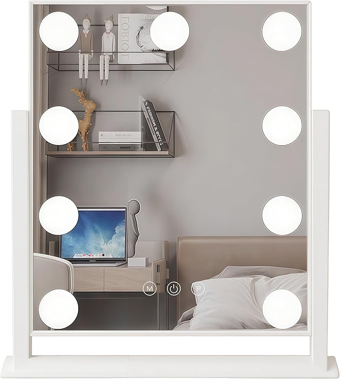 Lighted Vanity Mirror with 9 LED Lights, Detachable 10x Magnifying Mirror, 3-Color dimmable Hollywood Makeup Mirror, Smart Touch Control, Metal Frame, 360-degree Rotation, White/Black (White)
