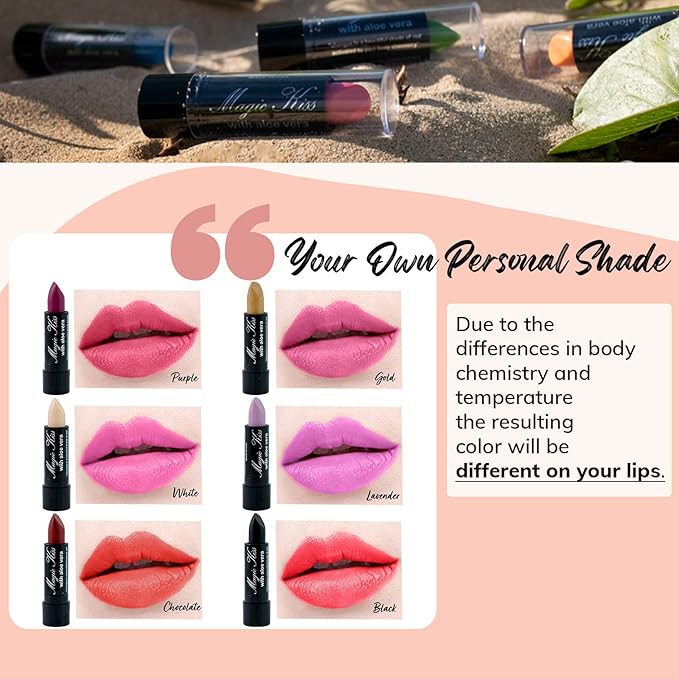 Magic Kiss Color Changing Matte 6 Piece Lipstick Set infused with Aloe Vera Made in USA (Colors of Aloha 2)
