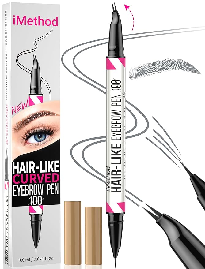 iMethod Curved Eyebrow Pen - 2-in-1 Dual-Ended Eyebrow Pencil with Curved Tip and Precise Brush-Tip for Natural Hair-Like Brows, Eyebrow Pencils for Women, Long Lasting, Grey