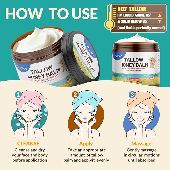 Beef Tallow for Skin - 100% Grass Fed - Whipped Tallow and Honey Balm，Moisturizer Cream for Face & Body -Natural Organic Formula for Dry & Sensitive Skin (Citrus Breeze) (4 oz)