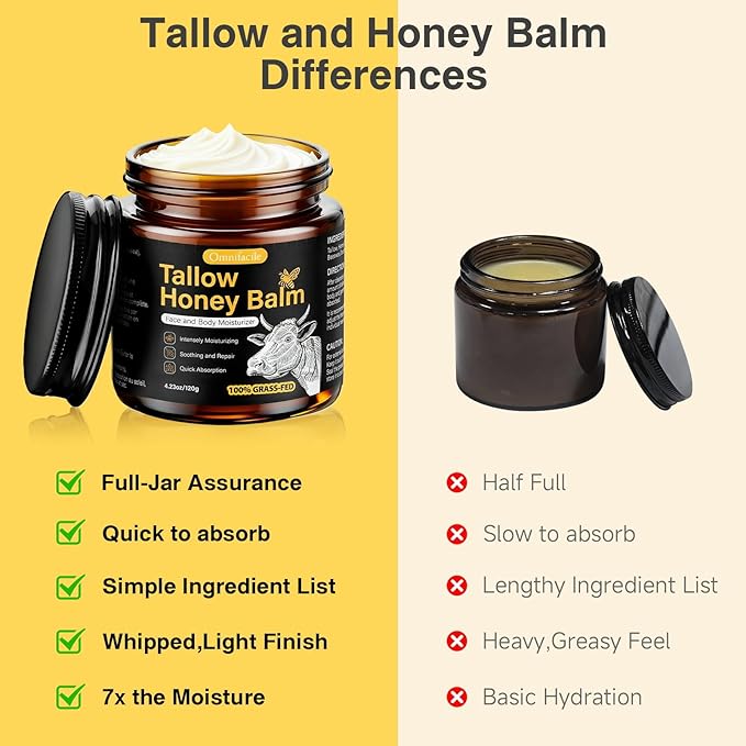Beef Tallow Honey Balm for Skin,Face,Body - Handmade Whipped Cream Face Moisturizer with 100% Grass-Fed Beef Tallow & Raw Honey,Narural Organic Body lotion for Men&Women,Unscented,4.23OZ