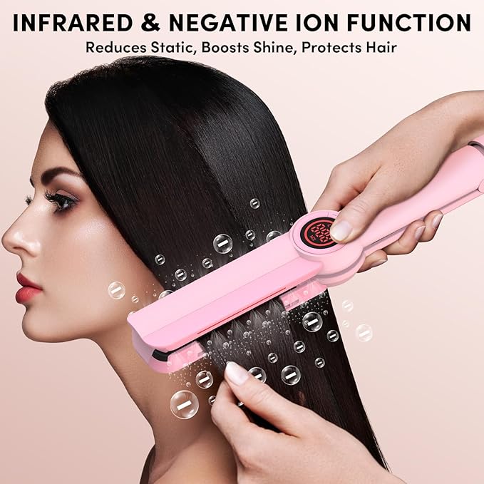 Hair Straightener, 1.5” Ceramic Wide Flat Iron with Infrared and Negative Ions, LCD Temp Control, Dual Voltage, Anti-Frizz Styling for All Hair Types, Pink