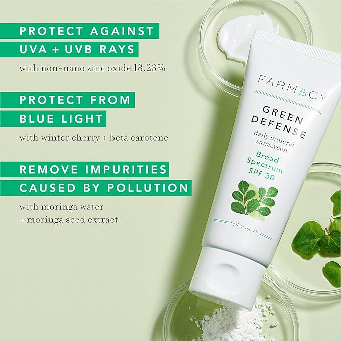 Farmacy Mineral Face Sunscreen SPF 30 - Broad Spectrum Zinc Oxide Sunscreen for Face - Daily Defense Sheer Mineral SPF for Sensitive Skin - Absorbs Quickly + Leaves No White Cast (50ml)