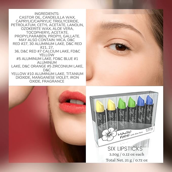 Magic Kiss Color Changing Matte 6 Piece Lipstick Set infused with Aloe Vera Made in USA (Colors of Aloha 4)