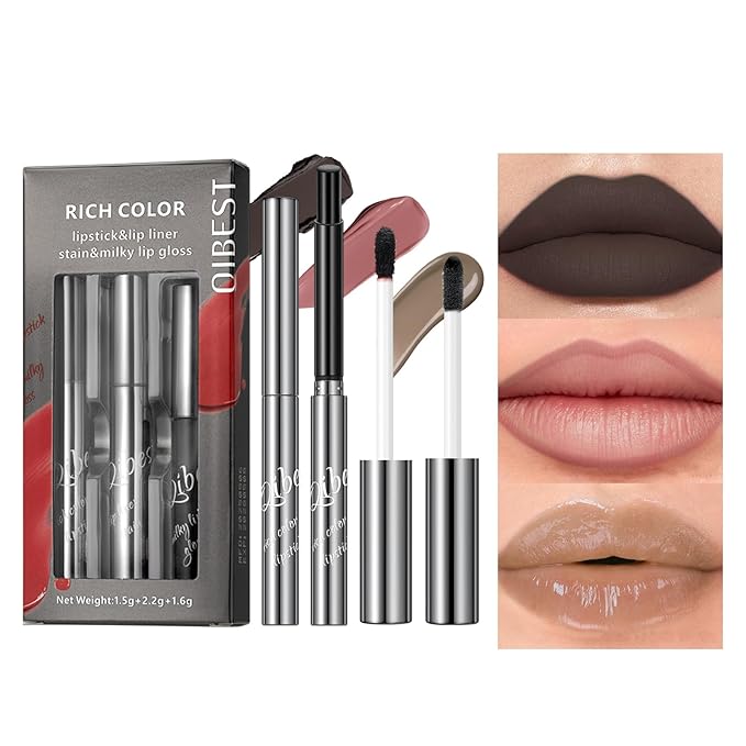 3 in 1 Peel Off Lip Liner Stain Tattoo, Matte Lipstick and Butter Lip Gloss Set, Long-lasting Nonstick Cup Smudge Proof Lip Kits, for Natural Glossy Lip Makeup and Velvet Goth Makeup