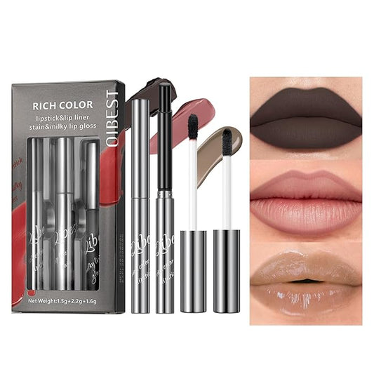 3 in 1 Peel Off Lip Liner Stain Tattoo, Matte Lipstick and Butter Lip Gloss Set, Long-lasting Nonstick Cup Smudge Proof Lip Kits, for Natural Glossy Lip Makeup and Velvet Goth Makeup