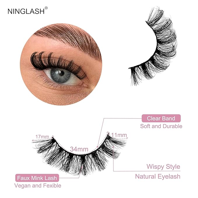 Mink Lashes Fluffy D Curl Russian Strip Lashes Wispy Lash Natural Look NINGLASH 11-17mm 3D False Eyelashes Volume 7 Pairs Short Fake Eyelash Pack