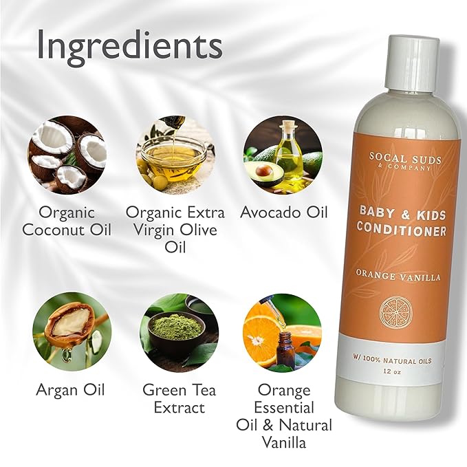 SoCal Suds & Company - Organic Baby & Kids Conditioner - Gentle Natural Ingredients, Vitamin Rich Organic Oils for Babies and Kids Sensitive Scalp - Orange Vanilla, 12oz - 2 Pack