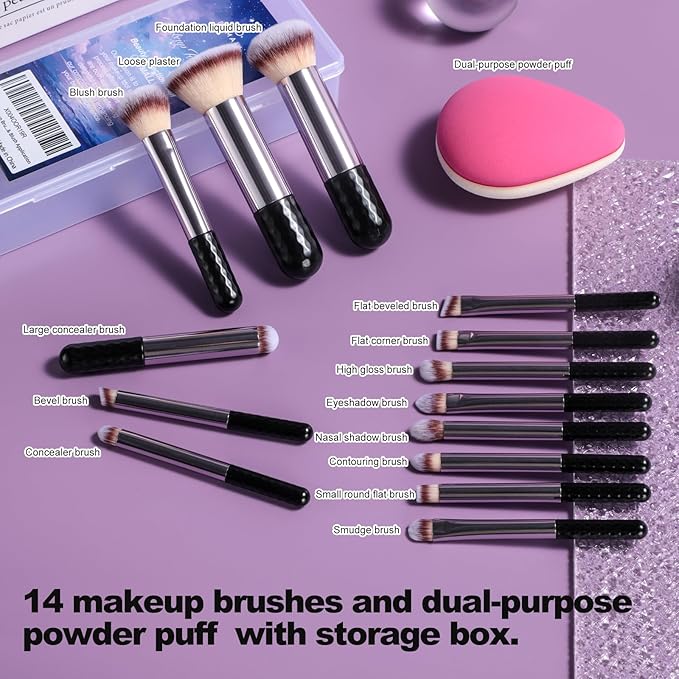 BS-MALL 14 Pcs Makeup Brushes Set With Dual-sided Beauty Blender Sponge - Foundation Brush & Makeup Sponge,premium Luxury Brush Collection For Face & Eye,for Flawless Application (Purple)