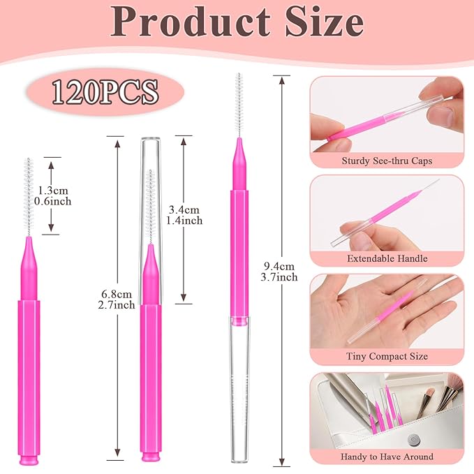 120 Pcs Micro EyeBrow Lash Brush with Cap - Professional Beauty Mini Spoolies for Makeup, Brow Lamination and Travel - Perfect for Makeup Artists/Starters, Beauty Lovers, and Gifting (Rose)