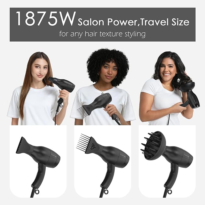 TOME Hair Dryer with Diffuser Blow Dryer Ionic 1875W Cool Shot Curly Hair Teeth Comb Nozzle attachments Light Weight Low Noise Fast Dry Black