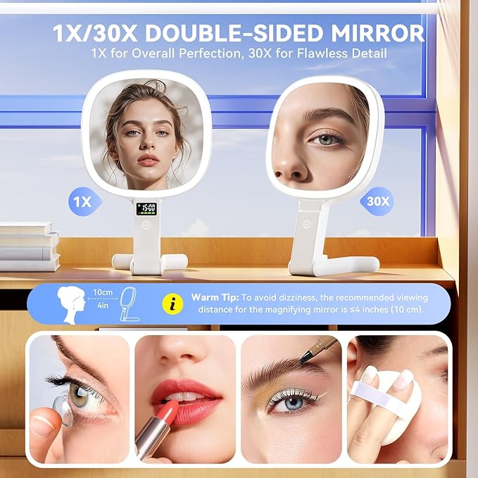 Auxmir Travel Makeup Mirror with Lights, Double Sided 30X/1X Lighted Magnifying Mirror, LED Display & 3 Color & Dimmable Brightness, Rechargeable Portable Vanity Mirror, Tabletop/Handheld/Hanging