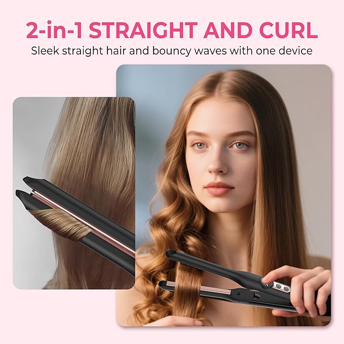 Mini Flat Iron Hair Straightener 1/3 Inch Pencil Flat Iron for Women Portable Travel Straightener and Curler 2 in 1 for Short Hair Beard and Pixie Cut with Adjustable Temp (Rose Gold)