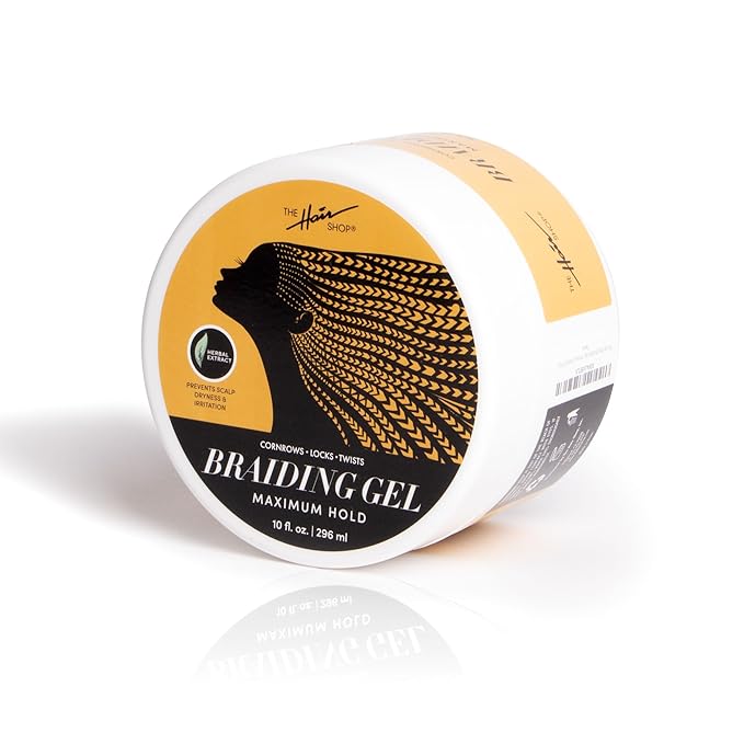 The Hair Shop Braiding Gel, Maximum Extreme Hold to Smooth & Tame Frizz, Made w/Herbal Leaf Extract for No Flakes or Drying, Adds Shine & Holds Braids, Locks, Cornrows, & Twists (10 fl oz)