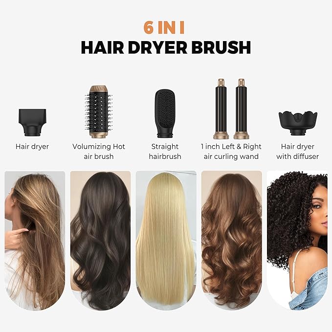 6 in 1 Hair Dryer Brush, Detachable Air Hair Styler Curling, Drying,Volumizing, Straightening, Negative Ionic Hair Dryer with Diffuser, Hair Styling Tools