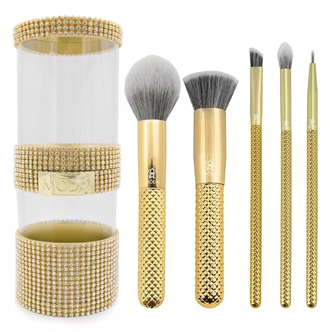 MODA Metallics 6-Piece Full Face Makeup Brush Set – Gold Vegan Cosmetic Brushes for Foundation, Highlight, Eyes & More