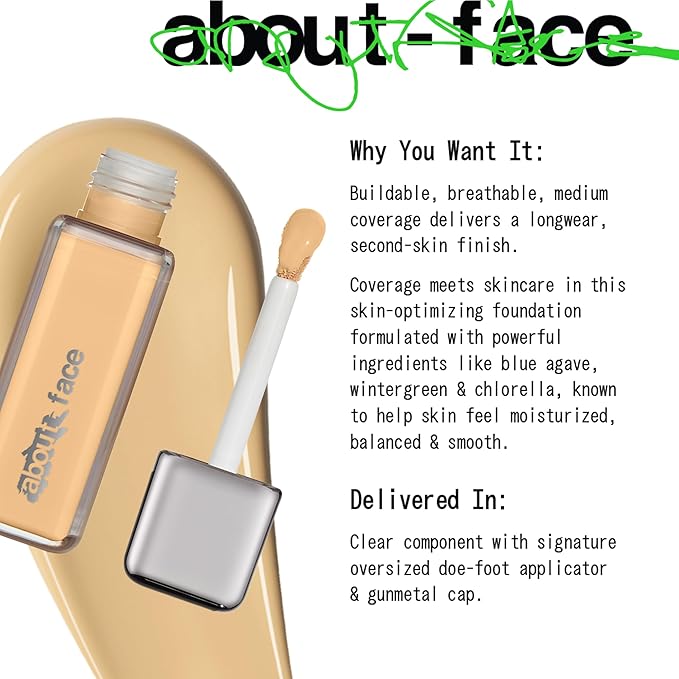 about-face THE PERFORMER Skin-Focused Foundation LM1Neutral – Medium Coverage, Long-Wear, Breathable & Buildable Base – Clean, Vegan, Hydrating Formula with Blue Agave & Chlorella – 1.08oz