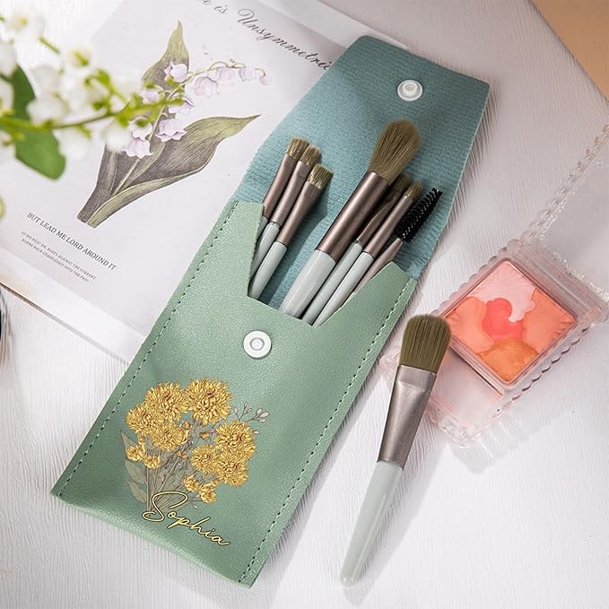 callie Personalized Makeup Brush Set, Custom Birth Flower Travel Cosmetic Makeup Brush Set with Bag Holder Case, Birthday Gift for Women (8 Brushes)