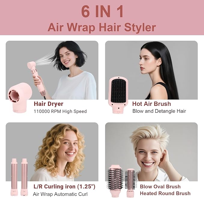 Hair Blow Dryer & 6-in-1 Air Styler, Powerful Fast Drying with Multiple Attachments for Drying, Volumizing, Curling, Straightening and Styling, with Leather Travel Pouch, US Plug 110 Volt