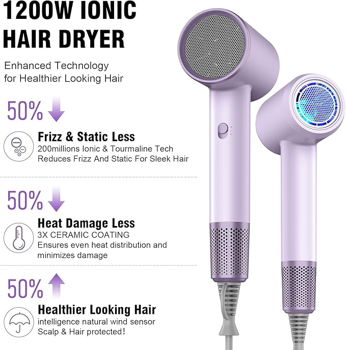 Hair Dryer Fast Dry 1200W Professional Ionic Hairdryer, Super Compact & Lightweight with Even Heat Anti-Static, Frizz-Control, Quick Drying, Energy Saving, Hairdryers for Women & Man (Purple)