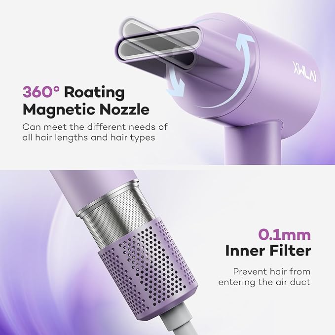 Hair Dryer, 110000 RPM High-Speed Brushless Motor Negative Ionic Blow Dryer for Fast Drying, Low Noise Thermo-Control Hair Dryer with Nozzle and Tri-Colour LED Light Ring for Home, Travel (Purple)