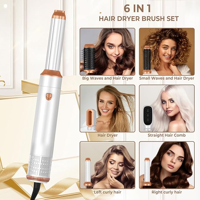 6 in 1 Hair Dryer Brush, Blow Dryer Brushies Ionic Hair Dryer, Oval Hot Air Brush, Hair Curler Straightener Magic Styler Autowrap Air Styler