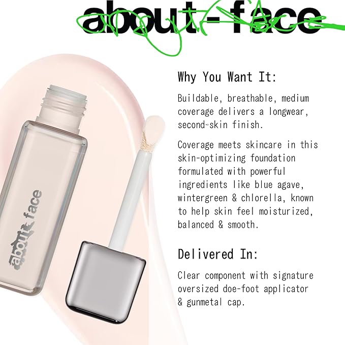 about-face THE PERFORMER Skin-Focused Foundation F0Cool – Medium Coverage, Long-Wear, Breathable & Buildable Base – Clean, Vegan, Hydrating Formula with Blue Agave & Chlorella – 1.08oz