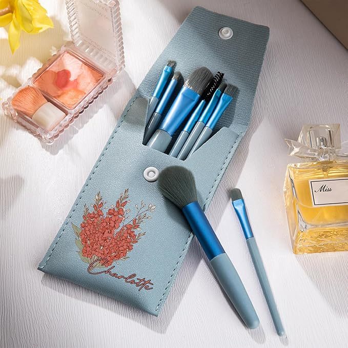 callie Personalized Makeup Brush Set, Custom Birth Flower Travel Cosmetic Makeup Brush Set with Bag Holder Case, Birthday Gift for Women (8 Brushes)