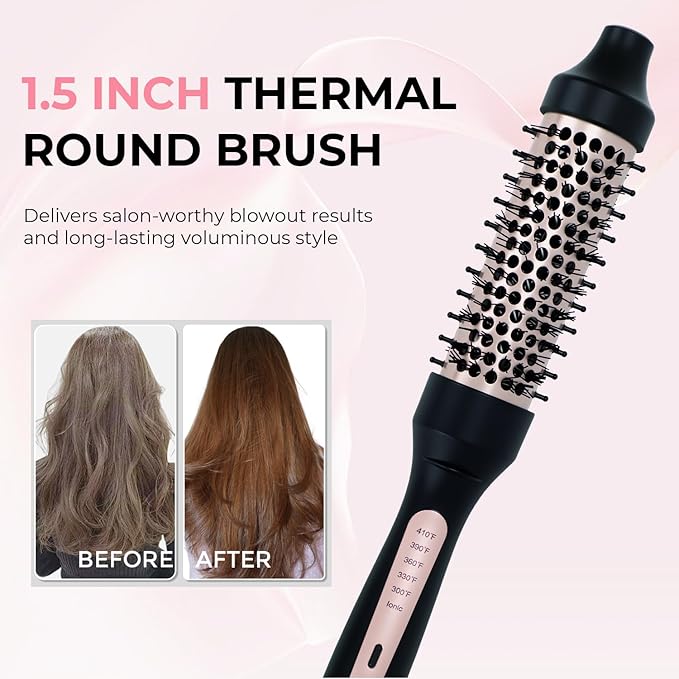 1.5 Inch Ionic Thermal Brush – Heated Round Brush for Blowout Styling, Frizz Control, 5 Heat Settings with LCD Display, Auto-Off, Dual Voltage for Travel, Black