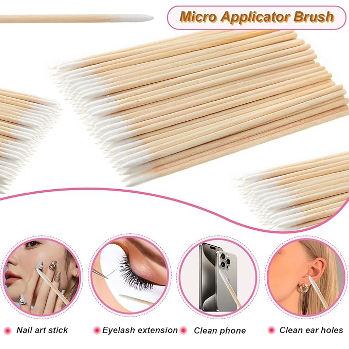 300PCS Bamboo Eyelash Extension Kit – Disposable Micro Swab Brushes, Natural Material Spoolies, Lip Brushes, Mascara Wands, Makeup Applicator Tools