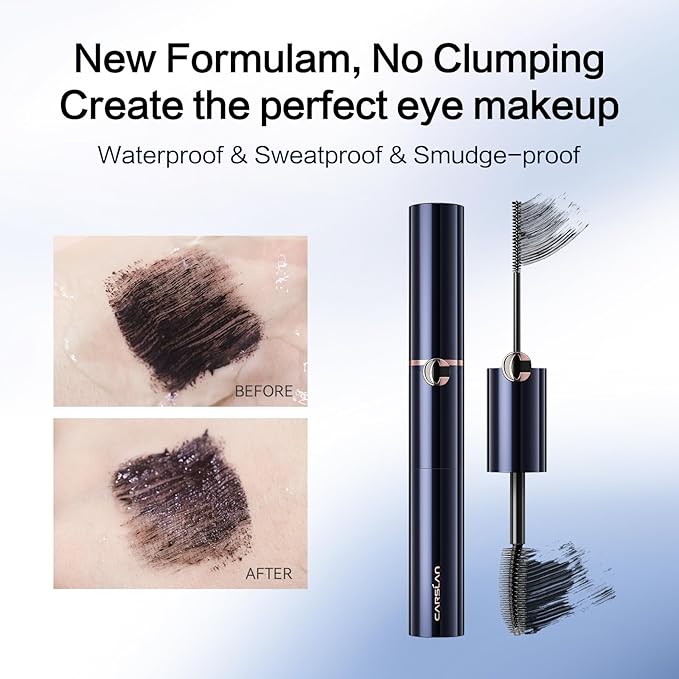 CARSLAN Double Extension Curling Mascara, Dual Brush Design for Lengthening & Curling for All Lashes, Natural Volume, Quick-Dry Smudge-Proof All Day Wear, Black, 0.18 Fl Oz & 0.16 Fl Oz