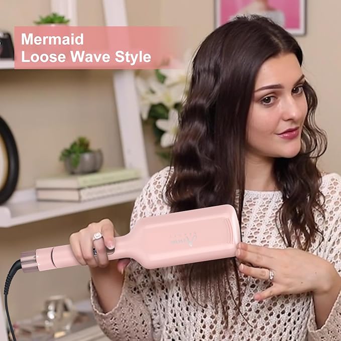 32mm (1.25") Aima Beauty Twins Mermaid Loose Waves Hair Waver, Anti-Scald Wave Curling Iron, Curling Wand 2 Barrel Hair Crimper for Women PTC 15S Heats Up Dual Voltage Medium/Long Hair Pink