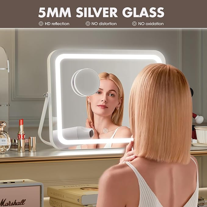 Hasipu Vanity Mirror with Lights, 14" x 10" LED Makeup Mirror, 3 Modes Light, Smart Touch Control Dimmable, 360°Rotation, Rectangle White Frame, with 5X Magnifying Glass