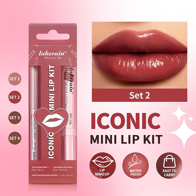 3PCS Lip Liner and Lipstick Combo Set - Matte Lip Liner Pencil, Velvet Matte Lipstick & Hydrating Collagen Lip Gloss - Long-Lasting, Smudge-Proof, High Pigment Nude Brown Lip Makeup Kit (Set 2, 3)