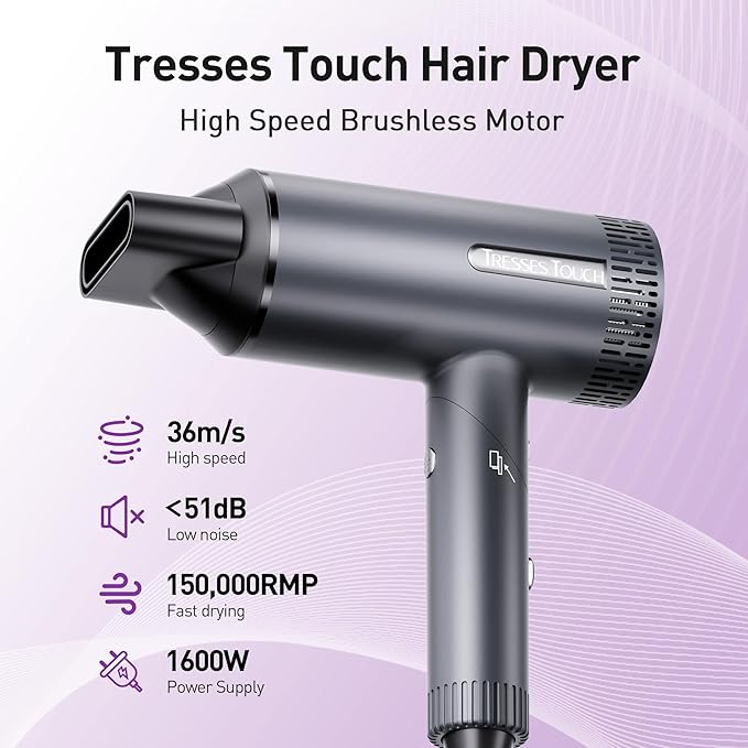 Hair Dryer, High-Speed Ionic Blow Dryer, Powerful 1600 Watt Motor for Fast Drying and Straight & Wavy Hair, Foldable, Lightweight Hairdryer with with Magnetic Suction Nozzle for Home Salon Travel