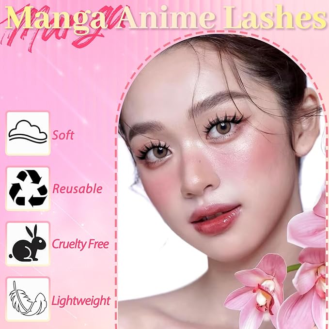 Ahrikiss Lashes Spiky Manga Lashes Anime False Eyelashes 8 Pairs Faux Mink Lashes Cosplay Thick Fake Eyelashes Soft Strip Lashes 8-16mm Wispy Fake Lashes Natural Look (Doll)