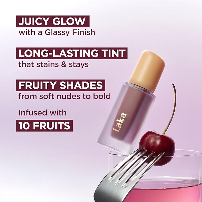 Laka Fruity Glam Tint, 4.5g/0.15 oz., Glowing Lip Stain with Wide Color Spectrum, Hydrating & Lightweight Texture, Long-Lasting Bold Stain, Non-Sticky, Vegan, K-Beauty (#104 Cherry)