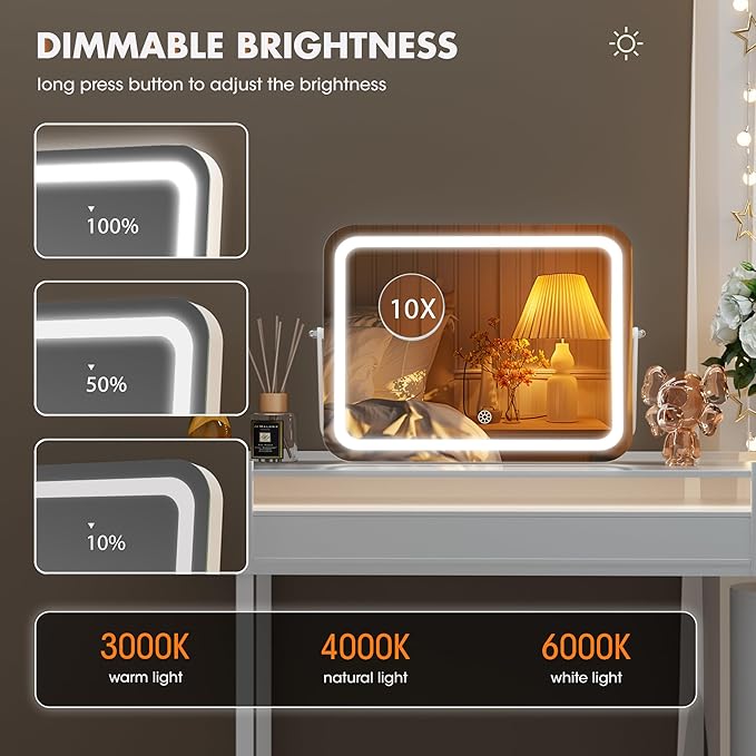 Hasipu Vanity Mirror with Lights, 15" x 13" LED Makeup Mirror, 3 Modes Light, Smart Touch Control Dimmable, 360°Rotation, Rectangle White Frame, with 5X Magnifying Glass