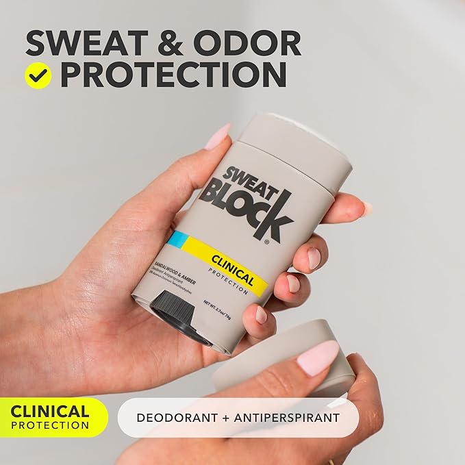 SweatBlock Clinical Strength Deodorant Antiperspirant for Men and Women Sandalwood & Amber Scent 48 Hour Protection Against Sweat and Odor Designed for High Heat and Stress Long-Lasting Freshness