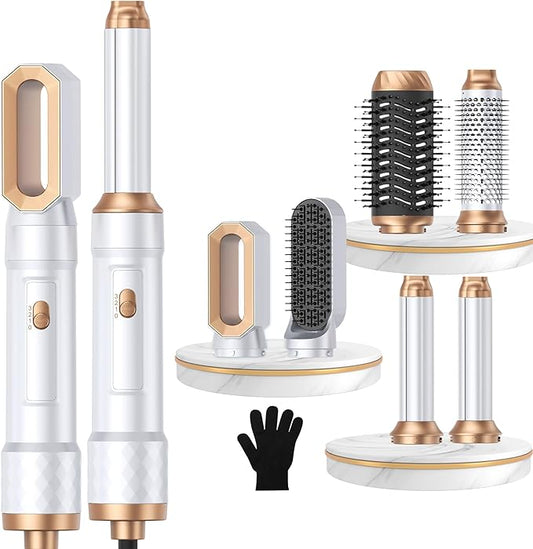 6 in 1 Air Styler Magic Hair Dryer Brush, Negative Ionic Blow Dryer Brush & 3 Heat Settings, Detachable Auto Curling & Straightening Volumizing, Frizz-Free Styling, Salon to Home Use (White-Blue)