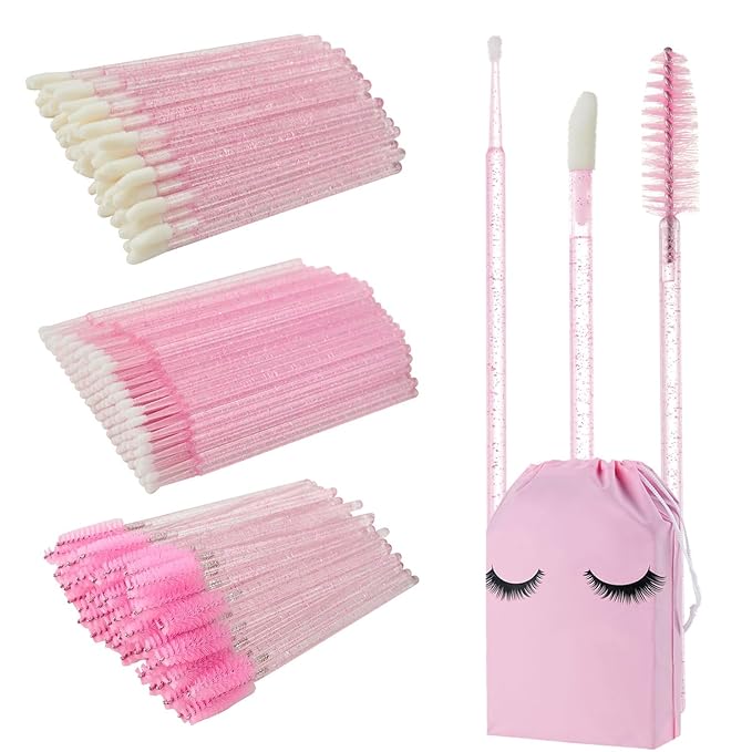 200PCS Disposable Eyelash Extension Kit for Professionals – Lash Spoolie Brushes, Micro Swabs, Mascara Wands, Lip Brushes for Eyelash Extensions, Tattoo, Lipstick Application(Crystal Pink)