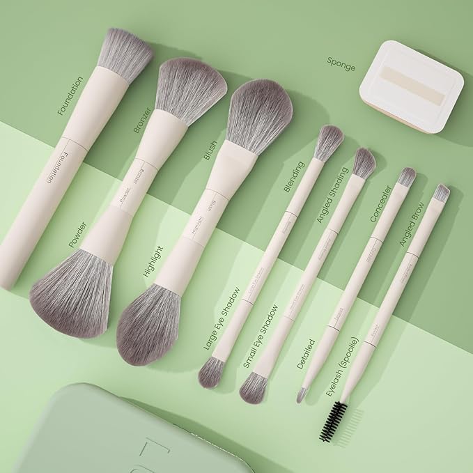 13-in-1 Dual-Ended Makeup Brush Set with Sponge & Travel Case – 7 Multi-Functional Brushes for Face & Eyes – Soft Bristles, Wooden Handles – Available in Cream, Green, or Pink (Mint Green)