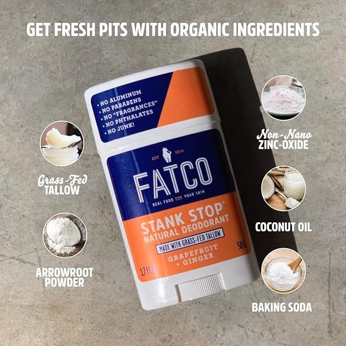 FATCO Stank Stop All Natural Deodorant with Tallow and Organic Coconut Oil – Grapefruit + Ginger (1.7 oz)