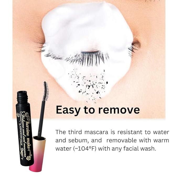 HEROINE MAKE by KISSME Volume & Curl Mascara Advanced Film, Keep Tubing Mascara Waterproof & Long-lasting Dense Volumizing & Curl with Curvy Brush, 6 Natural Serums, Made in Japan 1 EA